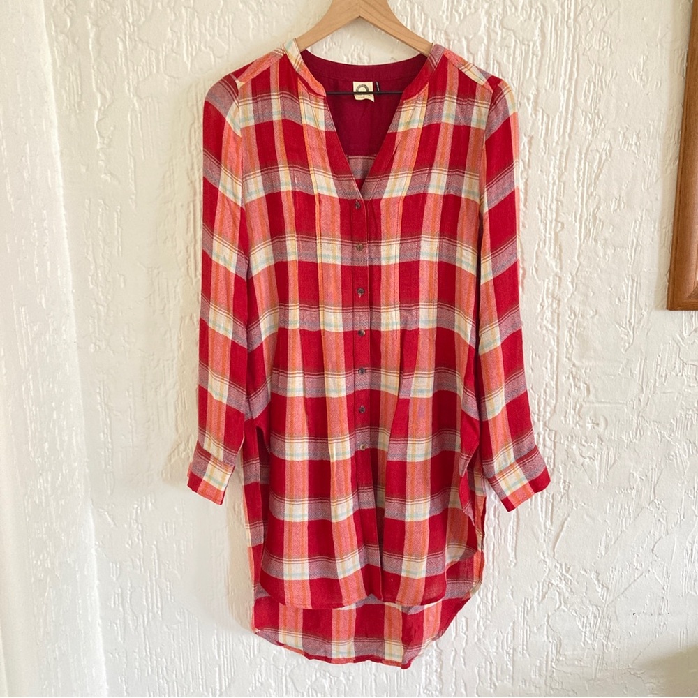 Anthropologie Akemi + Kin Red Flannel Print Button Down Shirt Dress Size XS